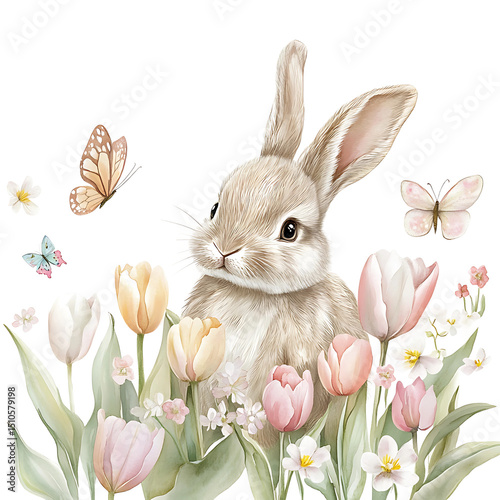 Easter Bunny in Tulips Transparent Background Isolated Clip Art Decoration Elements