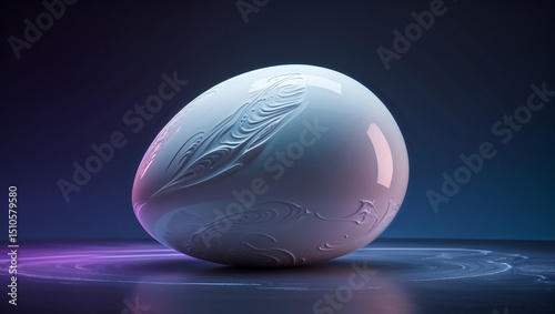 Futuristic egg with flowing abstract patterns, glowing under soft purple and blue light in a surreal digital environment