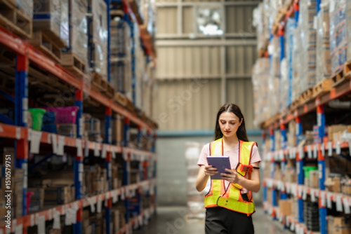 Tableau sur toile Warehouse employee wearing safety vest checking products with tablet