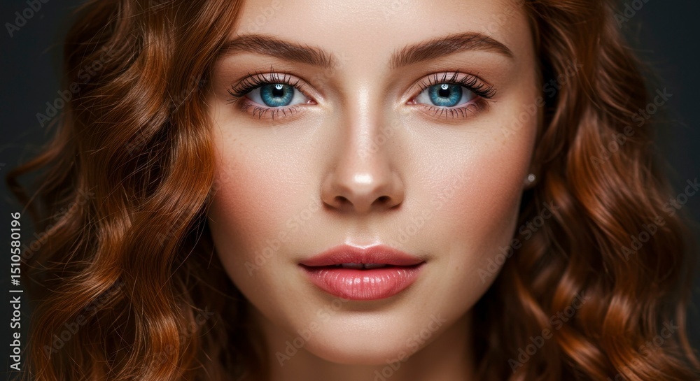 Close-up portrait of a young woman with vibrant red, wavy hair and striking blue eyes. Her complexion is flawless and makeup is minimal Close-up portrait of a young woman with vibrant red, wavy hair and striking blue eyes. Her complexion is flawless and makeup is minimal
