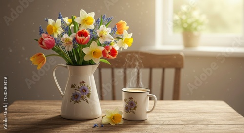 Wallpaper Mural A beautiful spring arrangement of vibrant flowers in a vintage jug with a steaming mug on a rustic wooden table Torontodigital.ca