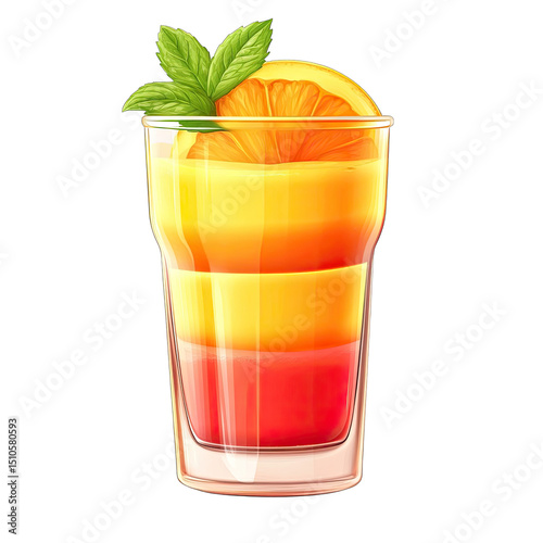 A layered cocktail in a clear glass, topped with orange slice and mint leaves isolated on transparent background