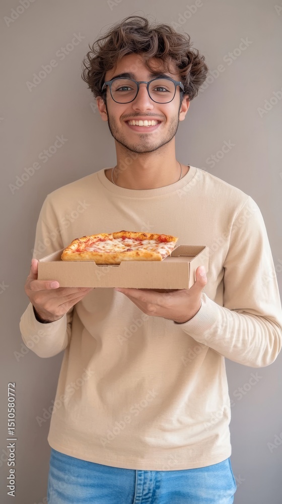 Smiling Man Holding Pizza Box: Delicious Meal, Italian Cuisine, and Happy Moments with Fresh Food, Fastfood, Takeaway, and Delivery Order Indoors Smiling Man Holding Pizza Box: Delicious Meal, Italian Cuisine, and Happy Moments with Fresh Food, Fastfood, Takeaway, and Delivery Order Indoors