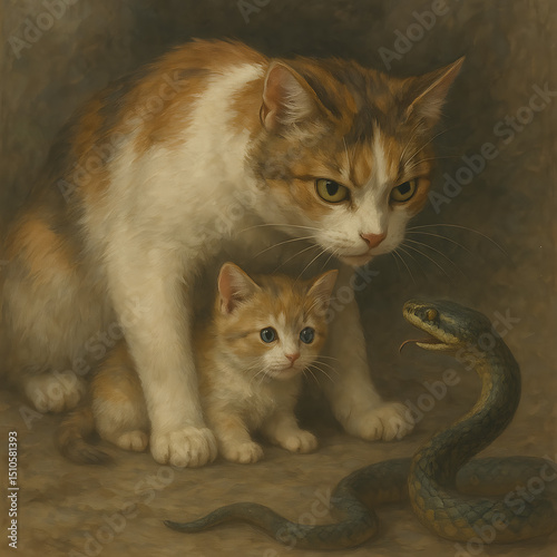 Ai generative,The mother cat is currently protecting her kitten.