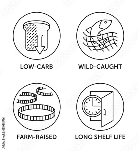 Fish can icons - Low-carb, Wild-caught, Farm-raised, Long shell life, in thin line and circle shape