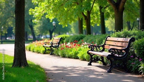 Ornate park benches and meticulously manicured flowerbeds create a picturesque scene in a vibrant city park Perfect for illustrating tranquility, urban beauty, and public spaces , pathway, serenity