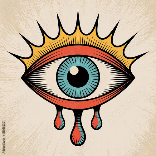 Vintage Style Weeping Eye Illustration with Crown and Tears