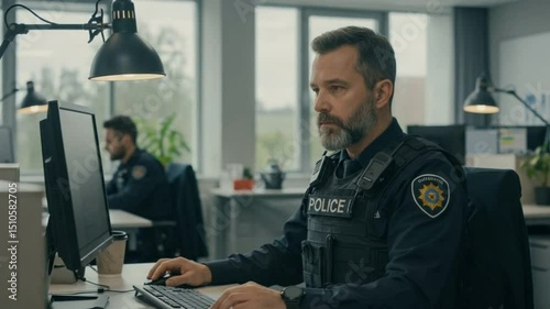 Mature police officer in tactical uniform working on computer at modern office desk
