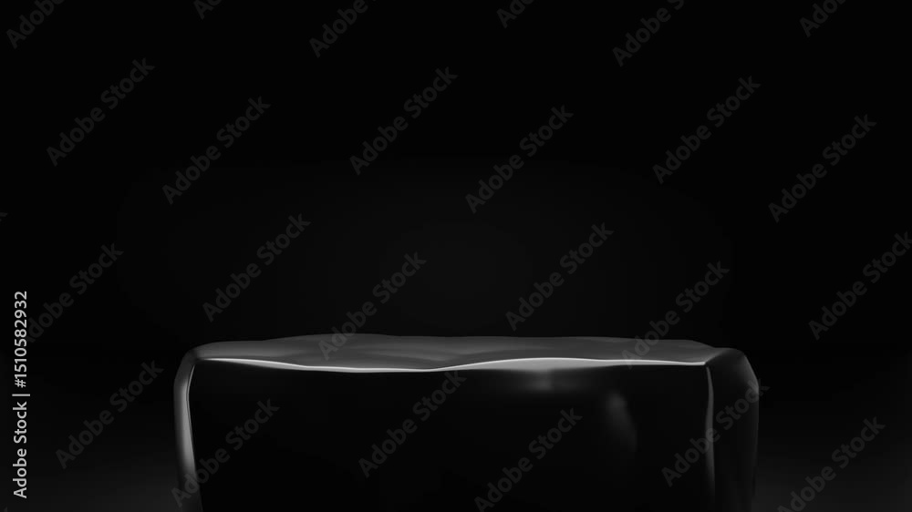 Dark black rock podium for product show case, for cosmetic product display stand with minimalist black background and soft lighting and shadows, modern architectural backdrop, 3d rendering