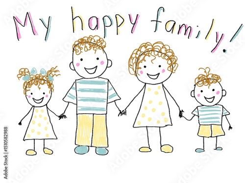 Like children drawing family mother father son daughter illustration drawn with pencils mummy daddy sister brother	