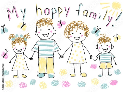 Like children drawing family mother father son daughter illustration drawn with pencils mummy daddy sister brother	