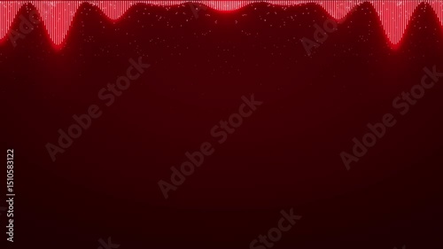 On a dark red background above, red luminous stripes are rhythmically moving, particles emanating from them.