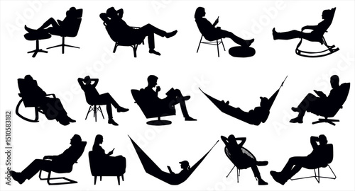 People Sitting on chair, rocking chair, arm chair, reading and having coffee or tea and Relaxing on hammock In Various Poses. Silhouette of people relaxing