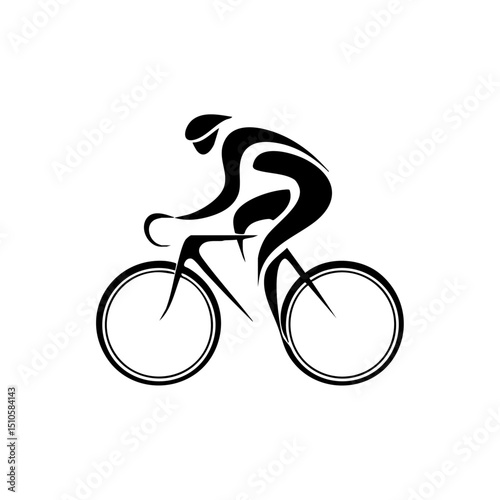 Black minimalist silhouette of a cyclist riding a bike in side view.

