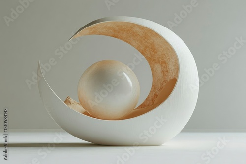 artistic object in the shape of a curved shelter around a sphere, symbol of motherhood, clean composition