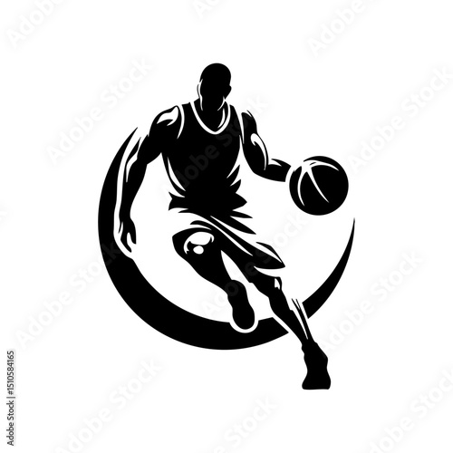 Energetic black silhouette of a basketball player in motion with a ball. Stylized vector athlete dribbling, ideal for sports branding and logos.



