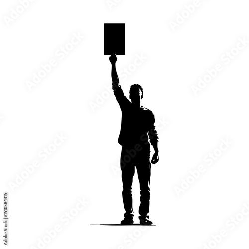 Bold black silhouette of a protester raising a sign overhead.
Activist figure in minimalist vector style, symbolizing freedom of speech.


