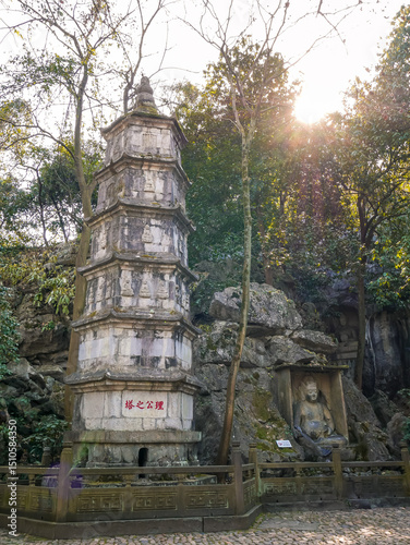 Rock caving scultors at Feilai Feng mountian in Lingyin Temple,One of the largest Buddhist temples in Hangzhou city of China photo