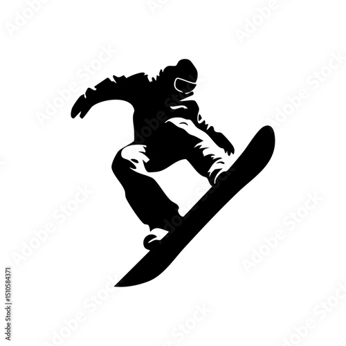 Minimalist black silhouette of a snowboarder performing a trick mid-air. Dynamic vector illustration of a person snowboarding in winter sports action.



