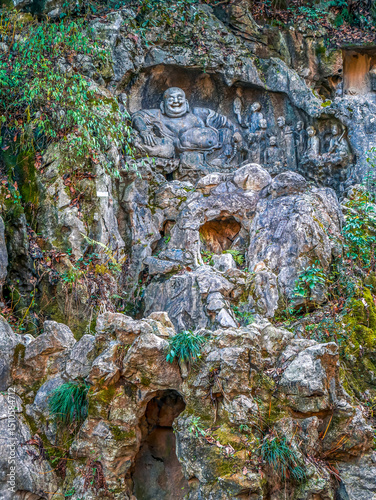 Rock caving scultors at Feilai Feng mountian in Lingyin Temple,One of the largest Buddhist temples in Hangzhou city of China photo