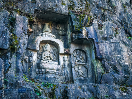 Rock caving scultors at Feilai Feng mountian in Lingyin Temple,One of the largest Buddhist temples in Hangzhou city of China photo