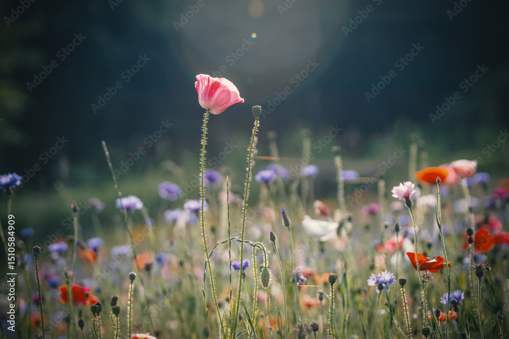 Obraz premium Red poppies, cornflowers, baby bad breath, gypsum pila flower d blooming scenery