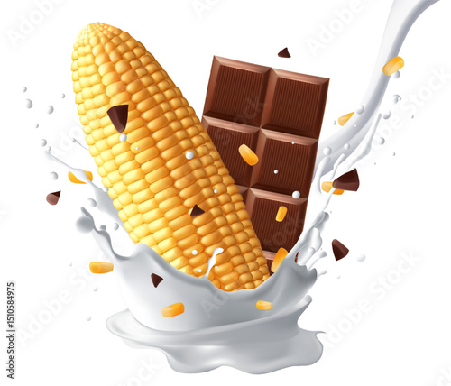 corn and chocolate bar breaking into pieces, concepts related to unusual food pairings, innovative recipes, unique snack ideas, or abstract food