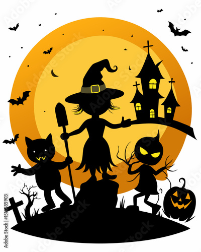 Halloween Night Scene with Witch Cat Pumpkin and Haunted House Silhouettes Under a Full Moon