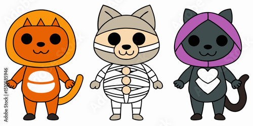 Cartoon Animals in Halloween Costumes Lion Mummy and Cat with Hood Isolated on White