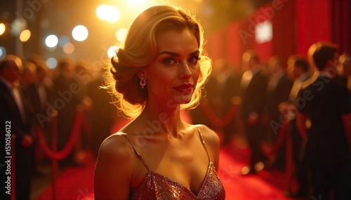 A glamorous figure, bathed in the golden light of a premiere, radiating stardom and elegance in a classic Hollywood pose The image captures timeless beauty and iconic style , gown, media, retro