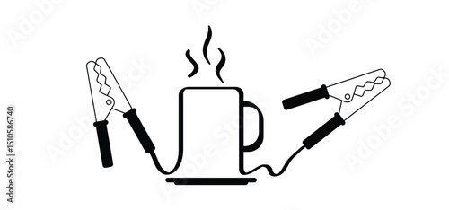 Cup of coffee time. Give yourself extra energy today. Jumper cable or jumper lead for car. Booster cable icon. Plus and minus poles. Battery jumper power cables. Jump start, charging battery sign.