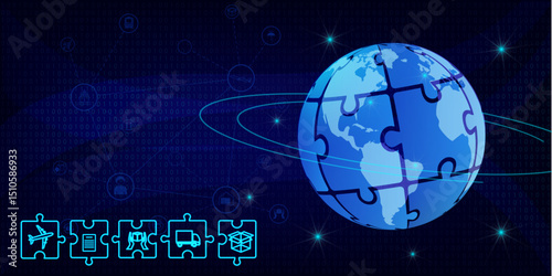 Global logistics network in dark blue. Map global logistics partnership connection.  Globe  with logistics icons in neon style. Global logistics concept for your design. EPS10.