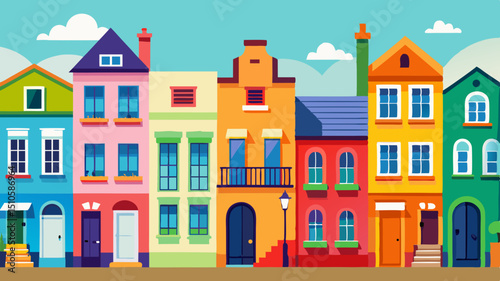 Colorful European Style Townhouses Illustration with a Bright Sky and White Clouds in a Flat Design