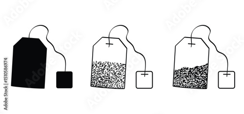 Teatime. Tea bag for tea cup or tea pot. Teabag, beverag, symbol. Herbal and healthy drink packaging label. Paper label on string. Bag of black dry tea sachet in pouch.