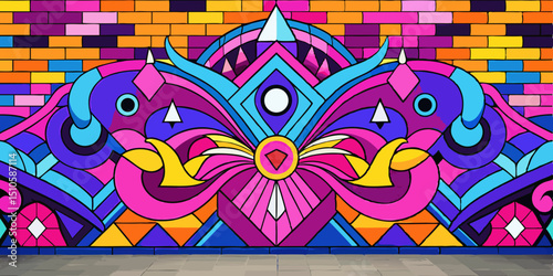Colorful Geometric Mural on Brick Wall with Abstract Shapes and Vibrant Colors Modern Art