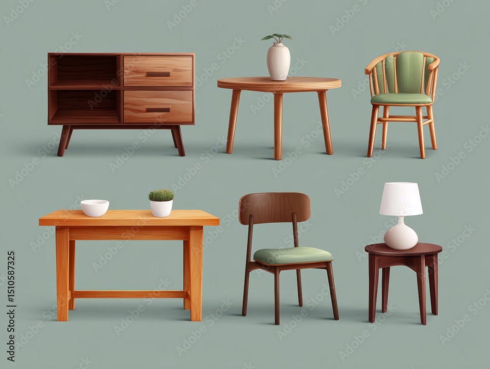 Obraz premium A collection of wooden furniture pieces including a dresser, table, chairs, and accessories like a vase and plant. Vintage design with contemporary appeal.