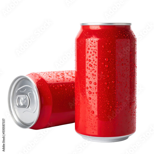 Refreshing red soda cans with condensation, ideal for gatherings and celebrations, evoking a fun and lively atmosphere. on transparent background