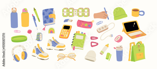 Back to school hand drawn vector illustration set for education, online learning, reading book, school and courses. International education day, teachers day concept art.