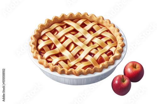 Freshly baked classic golden lattice pie with a decorative woven top crust in a white ceramic dish accompanied by two red s isolated on a white background
