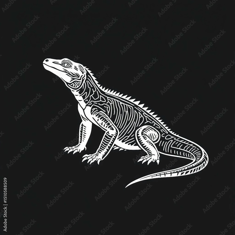 Fototapeta premium Stilisierter Komodowaran in weißer Linienkunst – exotisch, urzeitlich und perfekt für Reptilien- oder Fantasy-Designs.