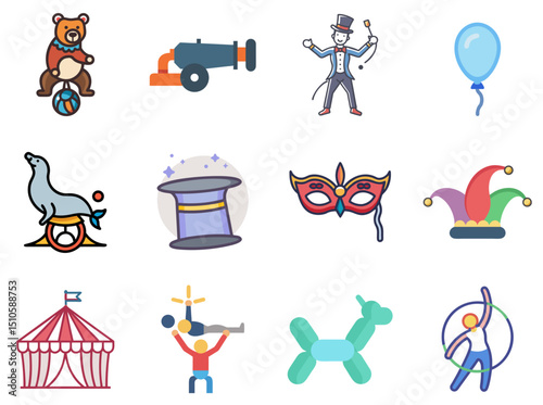 Circus Carnival Linear Color Icons Set 1 – Vibrant Line & Color Icons for Classic Circus Acts & Carnival Attractions
