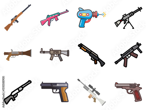 Gun Lineal Color Icons Set 1 – Clean Line & Color Icons for Firearms, Ammunition & Tactical Use
