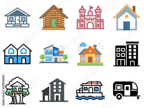 Type Houses Lineal Color Icons Set 2 – Modern Line & Color Icons for Various House Styles & Architecture