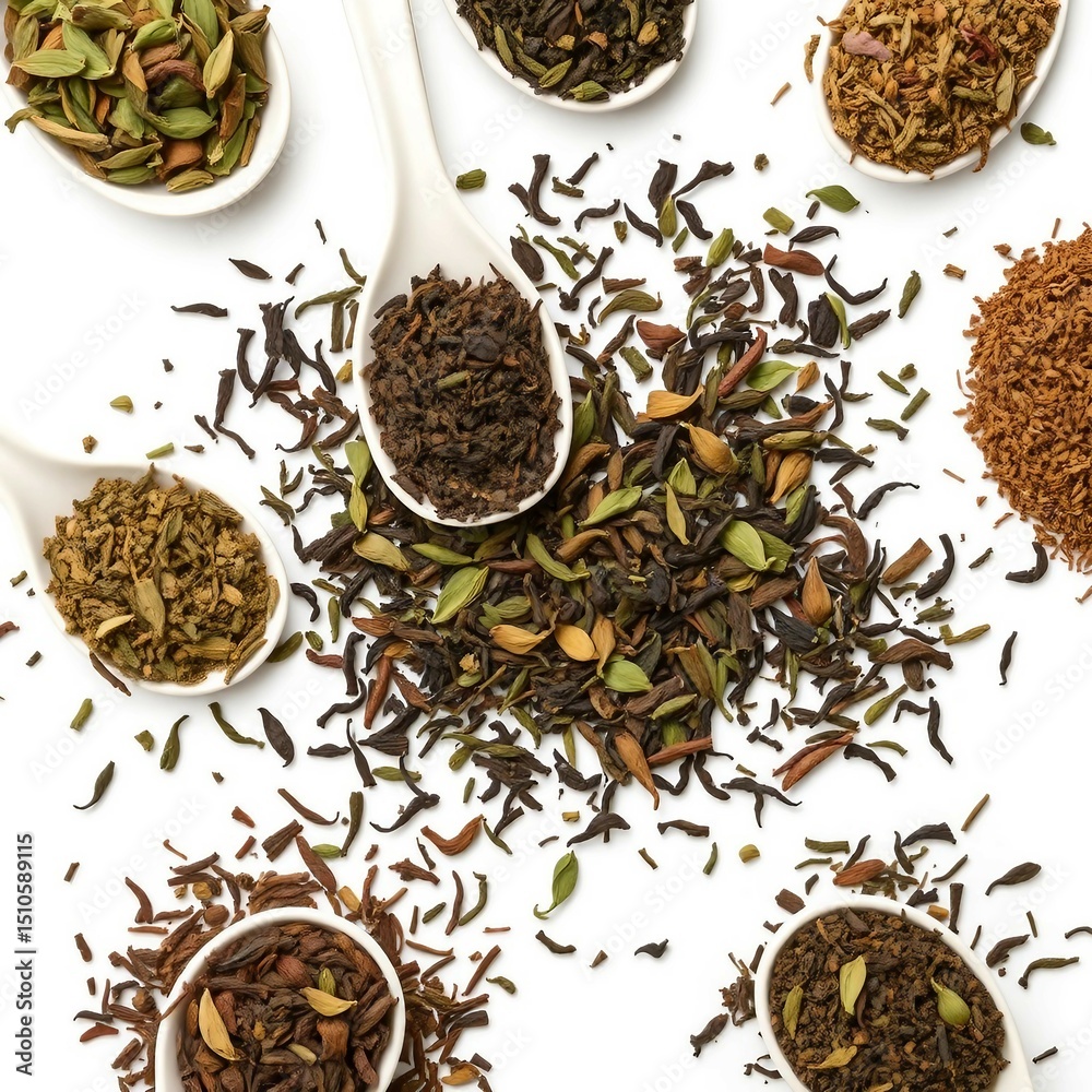Fototapeta premium Vielfalt loser Teesorten (grün, schwarz, Kräuter, Rooibos) stilvoll angerichtet auf weißen Hintergrund – ideal für Food-Design.