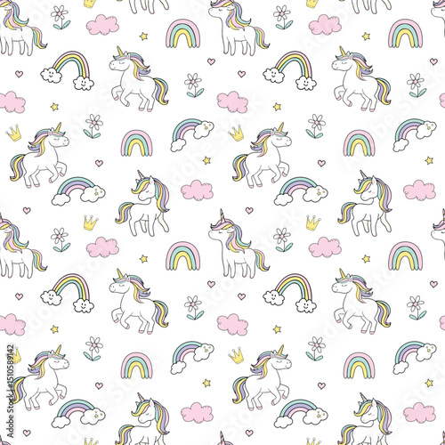 Cute Unicorns and Rainbows Seamless Pattern
