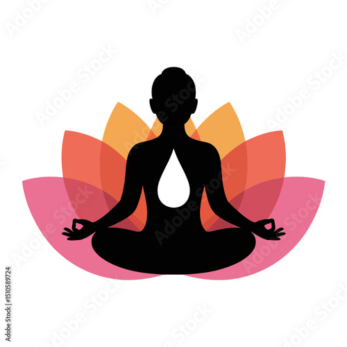 A silhouette of a person meditating in a lotus position is set against a backdrop of colorful lotus petals.