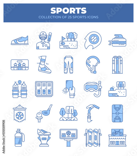 Collection of 25 Sport Icons. Sport Equipment. Game Assets. and Activity Pictograms