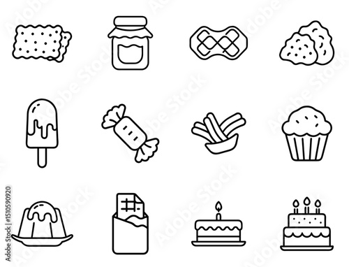 "Sweets and Candies Outline Icon Set 2: Delightful Line Icons for Confectionery, Bakery, and Treat Branding"
