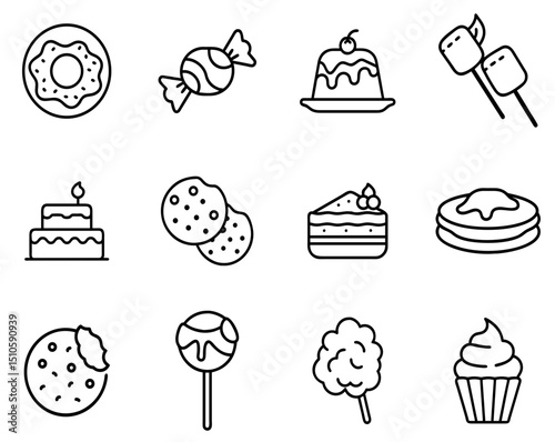 "Sweets and Candies Outline Icon Set 3: Fun Line Icons for Desserts, Treats, and Confectionery Design"