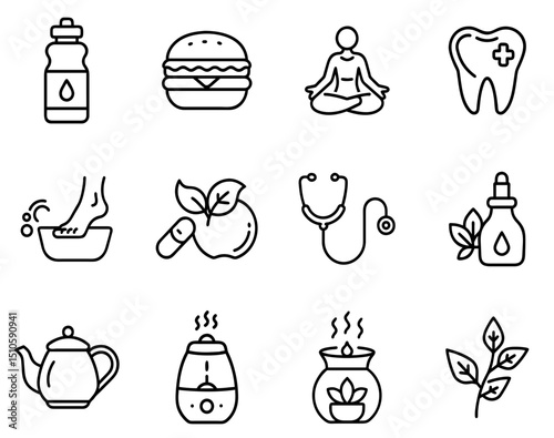 "Wellness Outline Icon Set 1: Elegant Line Icons for Health, Self-Care, and Mind-Body Balance"